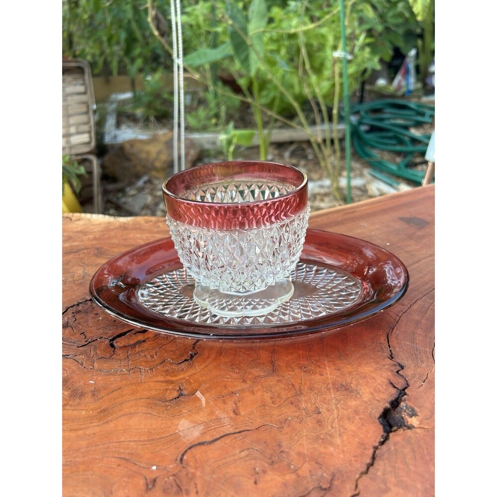 Vtg.Indiana Glass Diamond Point Ruby Red Flash Tray & Sugar Bowl